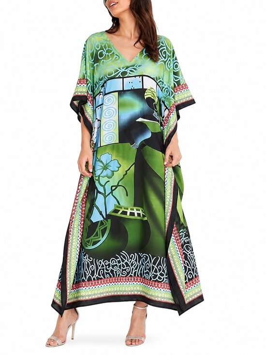 Gypsie Blu Other - Floral Printed Green Polyester Plus Size Kaftan Dress for Women by Gypsie Blu